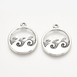 Honeyhandy Tibetan Style Alloy Pendants, Flat Round with Sea Wave, Cadmium Free & Lead Free, Antique Silver, 23.5~24x20.5x2mm, Hole: 1.5mm