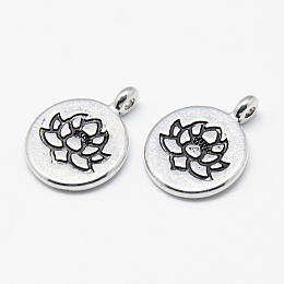 Honeyhandy Tibetan Style Alloy Pendants, Flat Round with Lotus, Cadmium Free & Lead Free, Antique Silver, 20x15x4.5mm, Hole: 1.5mm