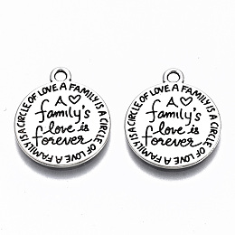 Honeyhandy Tibetan Style Alloy Pendants, Lead Free & Cadmium Free, Flat Round with Word Family's Love is Forever, Antique Silver, 20x17x1mm, Hole: 1.6mm