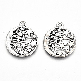 Honeyhandy Tibetan Style Alloy Pendants, Lead Free & Cadmium Free, Flat Round with Moon & Star, Antique Silver, 22.5x19x2mm, Hole: 1.8mm