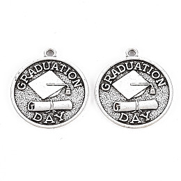 Honeyhandy Tibetan Style Alloy Pendants, Lead Free & Cadmium Free, Flat Round with Word Graduation Day, Antique Silver, 25x22x1mm, Hole: 1.8mm