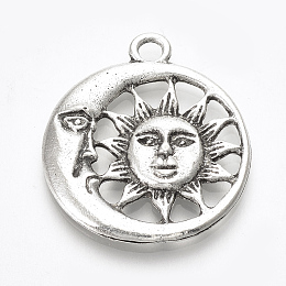 Honeyhandy Tibetan Style Alloy Pendants, Flat Round with Sun and Moon, Lead Free & Cadmium Free, Antique Silver, 28.5x25x2.5mm, Hole: 2.5mm