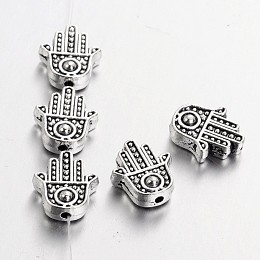 Honeyhandy Tibetan Style Alloy Hamsa Hand/Hand of Fatima/Hand of Miriam Beads, Cadmium Free & Lead Free, Antique Silver, 12x10x4mm, Hole: 1.5mm