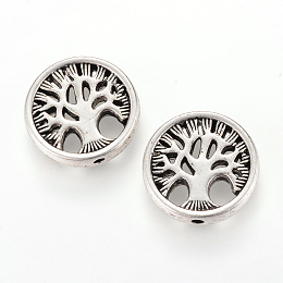 Honeyhandy Tibetan Style Alloy Beads, Flat Round with Tree, Cadmium Free & Lead Free, Antique Silver, 18x4mm, Hole: 1.5mm