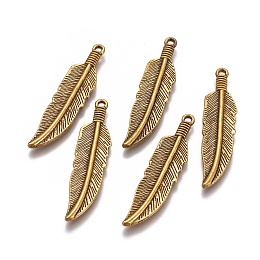 Honeyhandy Tibetan Style Alloy Charms, Lead Free & Cadmium Free, Feather, Antique Golden, 42x10x2mm, Hole: 2mm