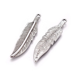 Honeyhandy Tibetan Style Alloy Charms, Lead Free & Cadmium Free, Feather, Antique Silver, 42x10x2mm, Hole: 2mm