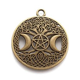 Honeyhandy Tibetan Style Hollow Alloy Pendants, Lead Free & Cadmium Free, Flat Round withTriple Moon Goddess, Pagan Jewelry, Antique Bronze, 39x34x2.5mm, Hole: 3mm