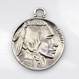 Honeyhandy Antique Silver Tibetan Style Alloy Coin Pendants, Flat Round with Indian Head and Buffalo, Cadmium Free & Lead Free, 40x33x3mm, Hole: 4mm