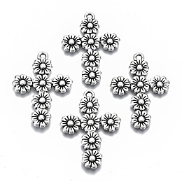 Honeyhandy Tibetan Style Alloy Pendants, Cross with Flower, Cadmium Free & Lead Free, Antique Silver, 37x26x2mm, Hole: 1.8mm