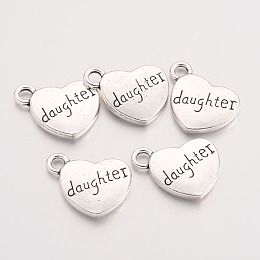 Honeyhandy Tibetan Style Heart Alloy Pendants, with Word Daughter, Cadmium Free & Lead Free, Antique Silver, 18x15x3mm, Hole: 3mm