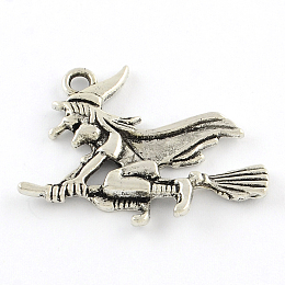 Honeyhandy Tibetan Style Halloween Witch Alloy Pendants, Cadmium Free & Lead Free, Antique Silver, 29.5x37x3.5mm, Hole: 3mm