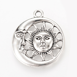 Honeyhandy Tibetan Style Alloy Pendants, Flat Round with Sun & Moon, Cadmium Free & Lead Free, Antique Silver, 30x26.5x3mm, Hole: 2.5mm