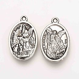 Honeyhandy Tibetan Style Alloy Pendants, Oval, Cadmium Free & Lead Free, St Michael and Guardian Angel Medal, Antique Silver, 25x16x3mm, Hole: 2mm