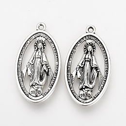 Honeyhandy Tibetan Style Alloy Pendants, Miraculous Medal, 1830 The Blessed Virgin Mary, Cadmium Free & Lead Free, Oval, Antique Silver, 36x20x3mm, Hole: 2mm