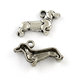 Honeyhandy Tibetan Style Zinc Alloy Puppy Pendants, Lead Free & Cadmium Free, Sausage Dog/Dachshund Charms, Antique Silver, 12.8x13x3mm, Hole: 2mm