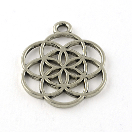 Honeyhandy Tibetan Style Flower Alloy Pendants, Seed of Life/Sacred Geometry, Cadmium Free & Lead Free, Antique Silver, 25x20x1mm, Hole: 2mm