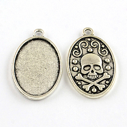 Honeyhandy Oval Carved Skull Tibetan Style Alloy Pendant Cabochon Open Back Settings, Plain Edge Bezel Cups, Lead Free & Cadmium Free, Antique Silver, Tray: 30x20mm, 37x22.5x3mm, Hole: 3mm