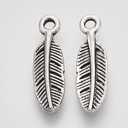 Honeyhandy Tibetan Style Alloy Charms, Feather, Cadmium Free & Lead Free, Antique Silver, 12x4x1.5mm, Hole: 1.2mm