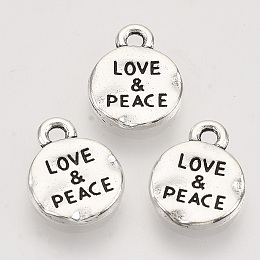 Honeyhandy Tibetan Style Alloy Pendants,  Cadmium Free & Lead Free, Flat Round with Word Love & Peace, Antique Silver, 13.5x10.5x1.5mm, Hole: 1.5mm