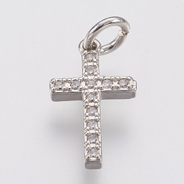 Honeyhandy Brass Micro Pave Cubic Zirconia Pendants, Lead Free & Cadmium Free, Cross, Platinum, 16x8.5x2mm, Hole: 2.5mm