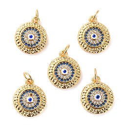 Honeyhandy Brass Micro Pave Cubic Zirconia Pendants, with Enamel, Long-Lasting Plated, Cadmium Free & Lead Free, Flat Round with Evil Eye, Real 18K Gold Plated, 15x12.5x3.5mm, Hole: 3.6mm