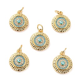 Honeyhandy Brass Micro Pave Cubic Zirconia Pendants, with Enamel, Long-Lasting Plated, Cadmium Free & Lead Free, Flat Round with Evil Eye, Real 18K Gold Plated, 15x12.5x3.5mm, Hole: 3.6mm