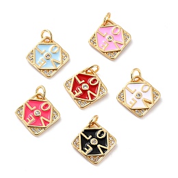 ARRICRAFT Brass Micro Pave Cubic Zirconia Pendants, with Enamel, Long-Lasting Plated, Cadmium Free & Lead Free, Real 18K Gold Plated, Rhombus with Word LOVE, Mixed Color, 11.5x11.5x2mm, Hole: 3.6mm