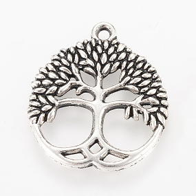 Honeyhandy Tibetan Style Alloy Pendants, Flat Round with Tree, Cadmium Free & Lead Free, Antique Silver, 26x23x2.5mm, Hole: 2mm