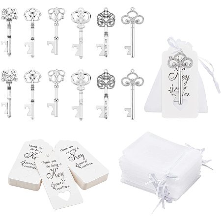 NBEADS 60 Pcs Alloy Key Bottle Openers in 6 Styles, with 60 Pcs Paper Display Cards and 60 Pcs Organza Bags for Wedding Party Favor Rustic Decoration