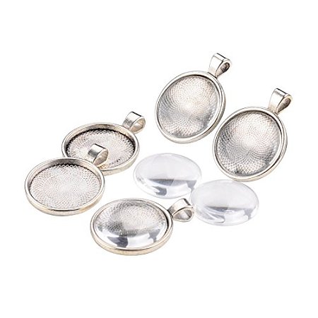 ARRICRAFT 6 Sets Antique Silver 36x28mm Alloy Pendant Cabochon Settings and 25mm Clear Domed Glass Cabochon Cover for Photo Pendant Making