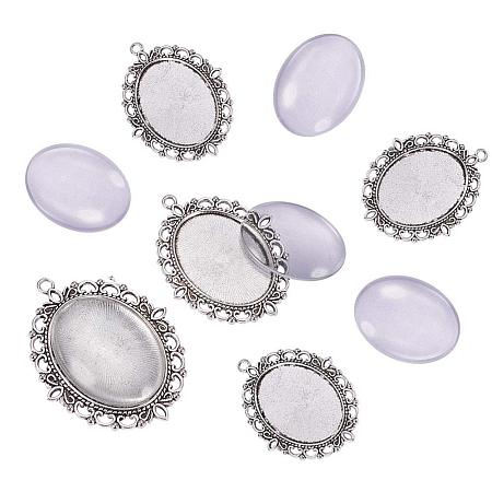 ARRICRAFT 5 Sets 40x30mm Oval Clear Glass Cabochon Cover and 61x48mm Antique Silver Tibetan Style Pendant Cabochon Settings for DIY