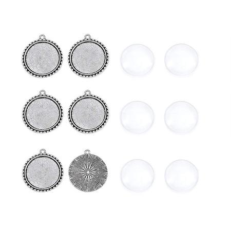 ARRICRAFT Pack of 6 Pendant Makings Sets, with Antique Silver Alloy Pendant Cabochon Settings and Flat Round Glass Cabochons, Cadmium Free & Lead Free