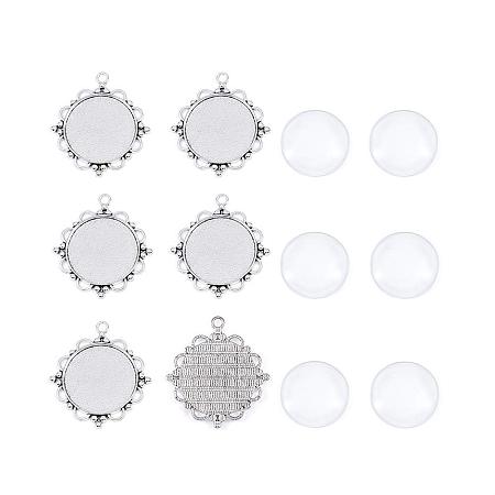 ARRICRAFT Pack of 6 Pendant Makings Sets, with Antique Silver Alloy Pendant Cabochon Settings and Flat Round Glass Cabochons, Cadmium Free & Lead Free
