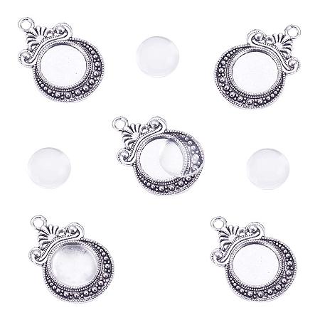 PandaHall Elite 20 Sets Tibetan Styles Alloy Pendant Trays Round Bezel with 12mm Glass Cabochon Round Clear Dome Tiles for Crafting DIY Jewelry Making Antique Silver