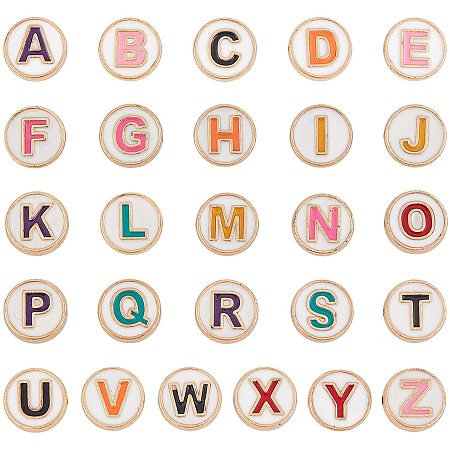 SUPERFINDINGS 26pcs Colorful Alloy Enamel A-Z Beads Initial Alphabet Beads Flat Round Letter Spacer Light Gold Charm for DIY Craft Bracelet Necklace Jewelry Making