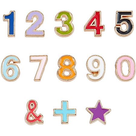 SUPERFINDINGS aboout 52pcs Colorful Alloy Enamel Beads Number 0 to 9 and Star and Plus Sign Shape Charms Light Gold Numeral 1.5mm Hole Beads for Necklace Bracelet DIY Jewelry Making