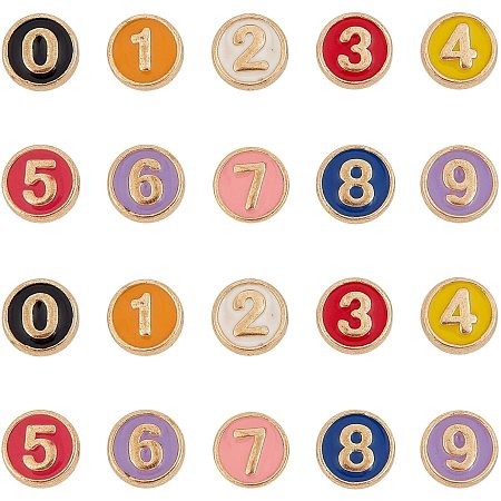 SUPERFINDINGS 36pcs 0-9 Number Alloy Enamel Beads Multicolour Alphabet Pendents Beads Flat Round Spacer Charms Light Gold for Necklace Bracelet Jewelry Making