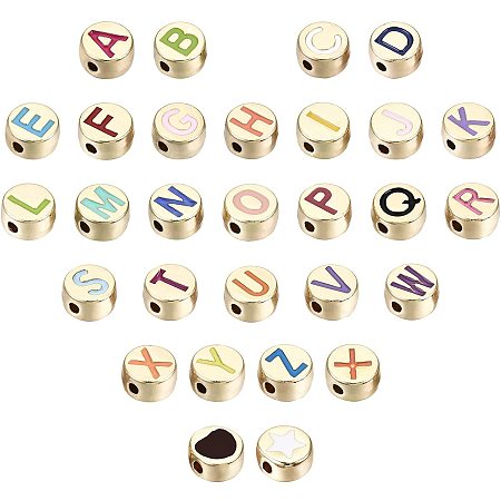 SUPERFINDINGS 58pcs 8x4mm Light Gold Alphabet Letter Alloy Enamel Beads A-Z Flat Round Spacer with Initial Letters Mixed Alphabet Charms with 1.5mm Hole for Jewelry Making