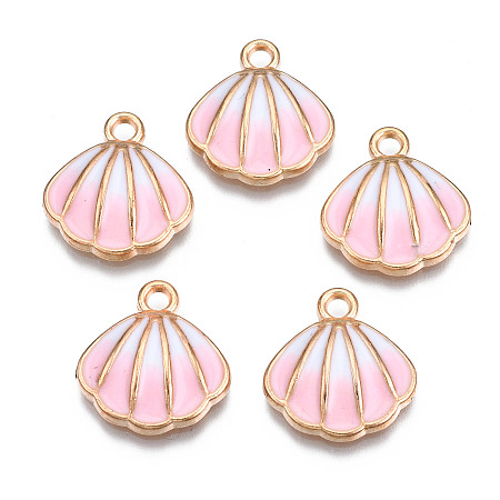 Honeyhandy Alloy Enamel Pendants, Cadmium Free & Lead Free, Light Gold, Shell, Pink, 17x16x3.5mm, Hole: 2mm