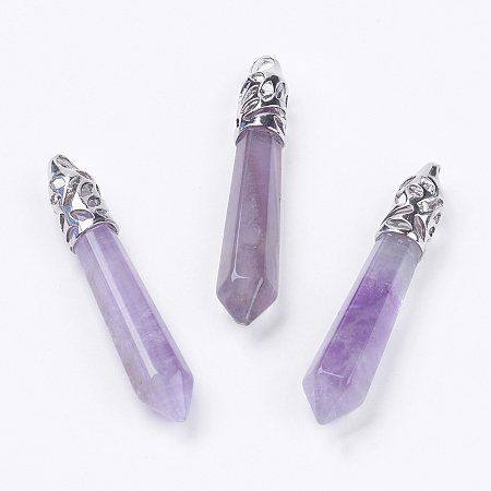 Honeyhandy Natural Amethyst Pointed Pendants, with Alloy Findings, Bullet, Platinum, Cadmium Free & Lead Free, 55~67x11mm, Hole: 5x4mm