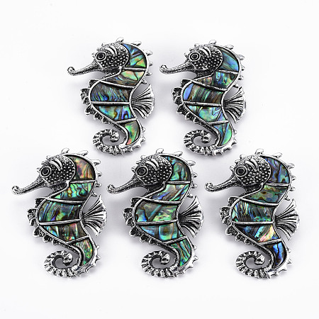 Honeyhandy Sea Horse Shape Natural Abalone Shell/Paua Shell Brooch Pin, Alloy Lapel Pin for Backpack Clothing, Lead Free & Cadmium Free, Antique Silver, Colorful, 59x39~43x11mm, Hole: 5x3mm, Pin: 0.6mm