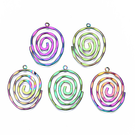 ARRICRAFT Eco-Friendly Rainbow Color Iron Pendants, Cadmium Free & Lead Free, Oval, Multi-color, 37x27~28x1.5mm, Hole: 2mm
