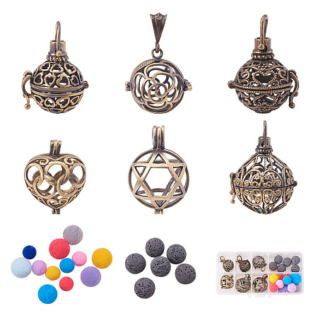 BENECREAT Mixed Shape 6 Pcs Hollow Silver Plated Bead Cage Pendant Oil Diffuser Pendant with 6PCS Lava Beads and 6 PCS Diffusing Balls