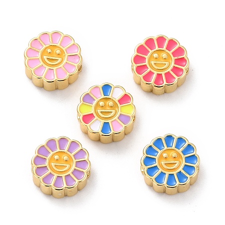 ARRICRAFT Eco-friendly Brass Enamel Beads, Long-Lasting Plated, Real 18K Gold Plated, Cadmium Free & Lead Free, Sunflower, Mixed Color, 10x3.5mm, Hole: 2mm