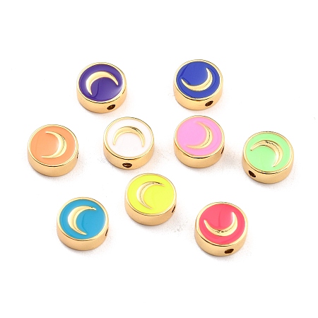 ARRICRAFT Brass Enamel Beads, Real 18K Gold Plated, Long-Lasting Plated, Cadmium Free & Lead Free, Flat Round with Moon Pattern, Mixed Color, 10x3.5mm, Hole: 1.6mm