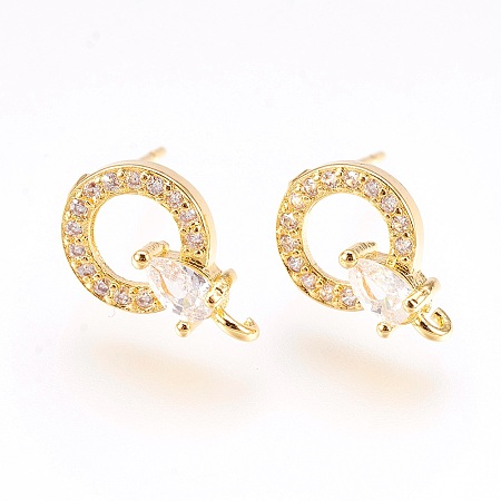 Honeyhandy Brass Micro Pave Cubic Zirconia Stud Earring Findings, with Loop, Lead Free & Cadmium Free, Ring with Teardrop, Clear, Golden, 13.5x9x4mm, Hole: 1mm, Pin:0.6mm