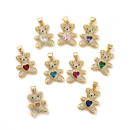 ARRICRAFT Brass Pave Cubic Zirconia Pendants, Real 18K Gold Plated, Lead Free & Cadmium Free, Bear with Heart, Mixed Color, 19.5x14.5x4mm, Hole: 4x3.5mm