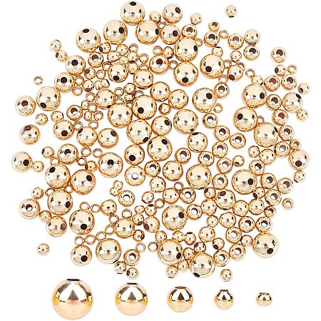 NBEADS 210 Pcs Round Spacer Beads, 5 Sizes Brass Spacer Beads Smooth Charm Beads Golden Plated Beads Loose Metal Beads for DIY Jewelry Making Findings