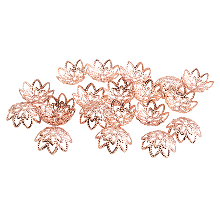 PandaHall Elite Rack Plating and Vacuum Plating Brass Multi-Petal Hollowed Bead Caps Flower Cup Shape Beads 12x3mm Rose Gold, about 20pcs/bag