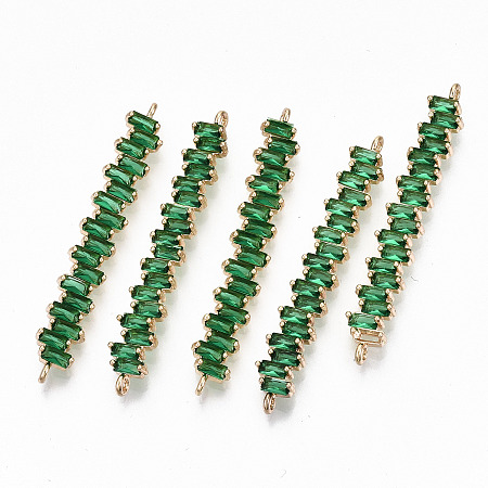 Honeyhandy Brass Micro Pave Cubic Zirconia Links Connectors, Light Gold, Long-Lasting Plated, Cadmium Free & Lead Free, Rectangle, Green, 45x6.5x2.5mm, Hole: 1.2mm